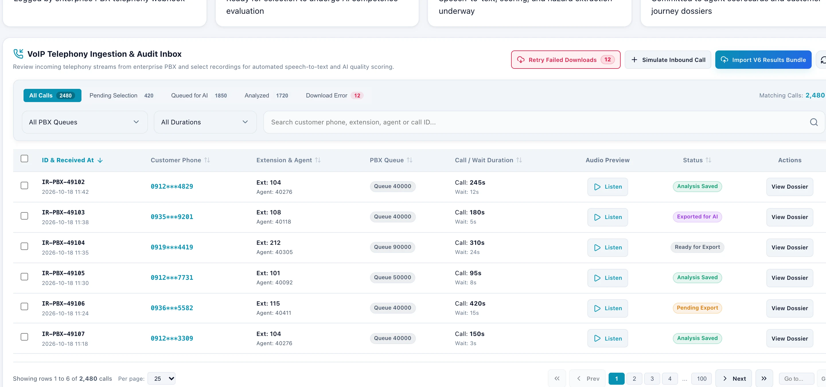 ZharfAva VoIP Telephony Ingestion table showing active PBX streams, audio preview, and AI extraction queues
