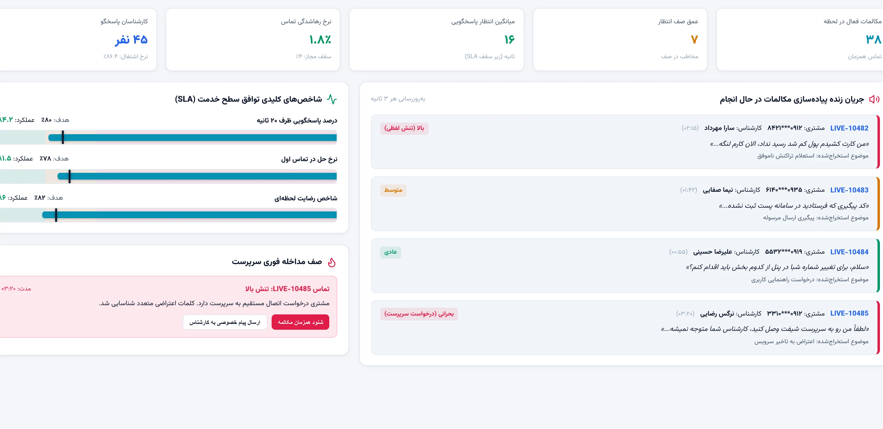 کنسول دیدهبان عملیات زنده ژرفآوا با پایش بلادرنگ مکالمات و تشخیص تنش کلامی